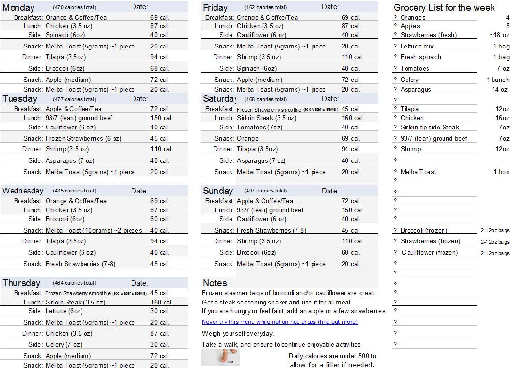 500 Calories A Day To Lose Weight HCG Plan Printable Menu