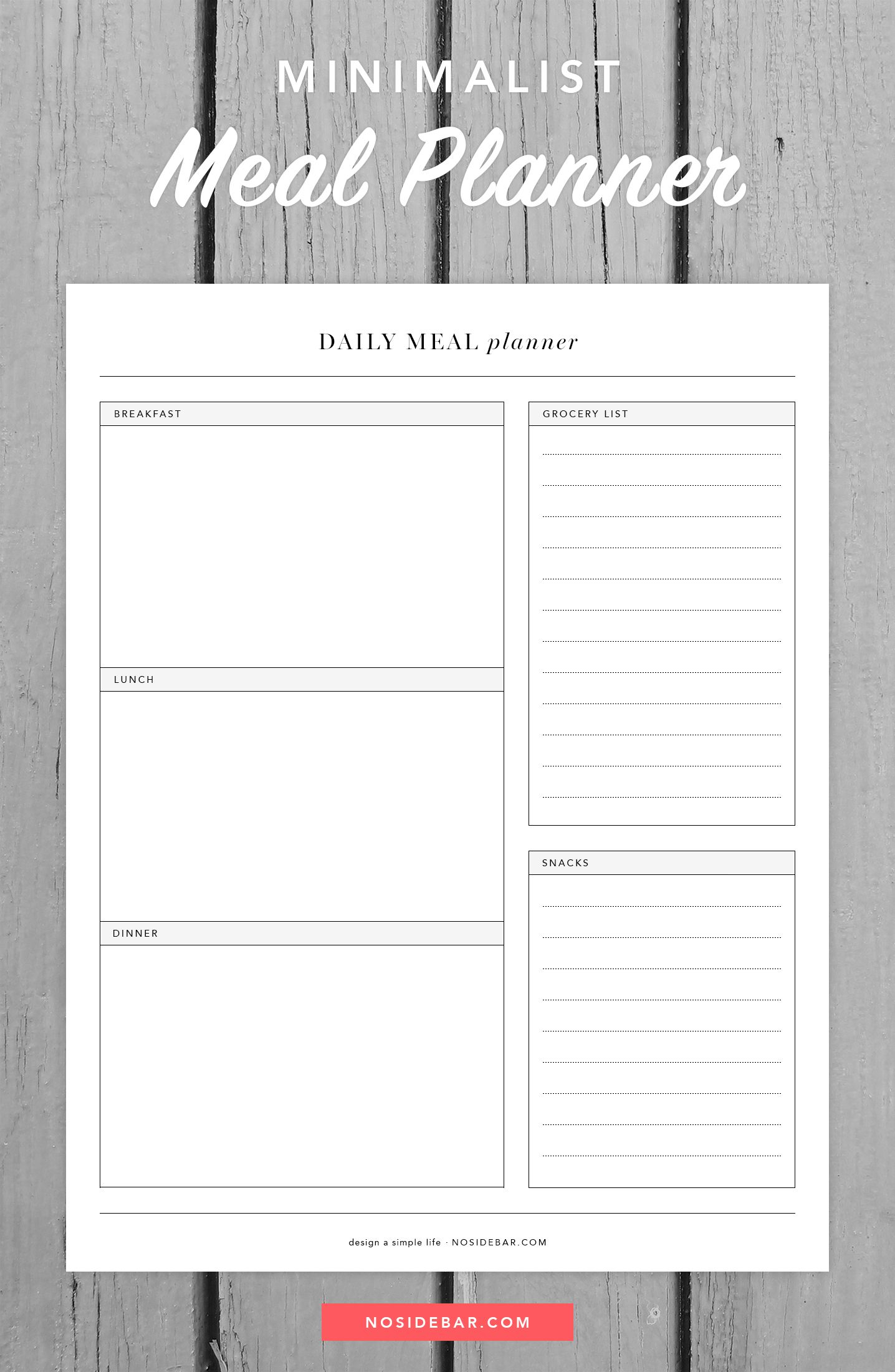 Minimalist Daily Meal Planner Printable Meal Planner 