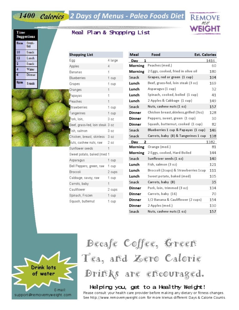 Printable 2 Day 1400 Calories A Day Paleo Diet Menu Plan