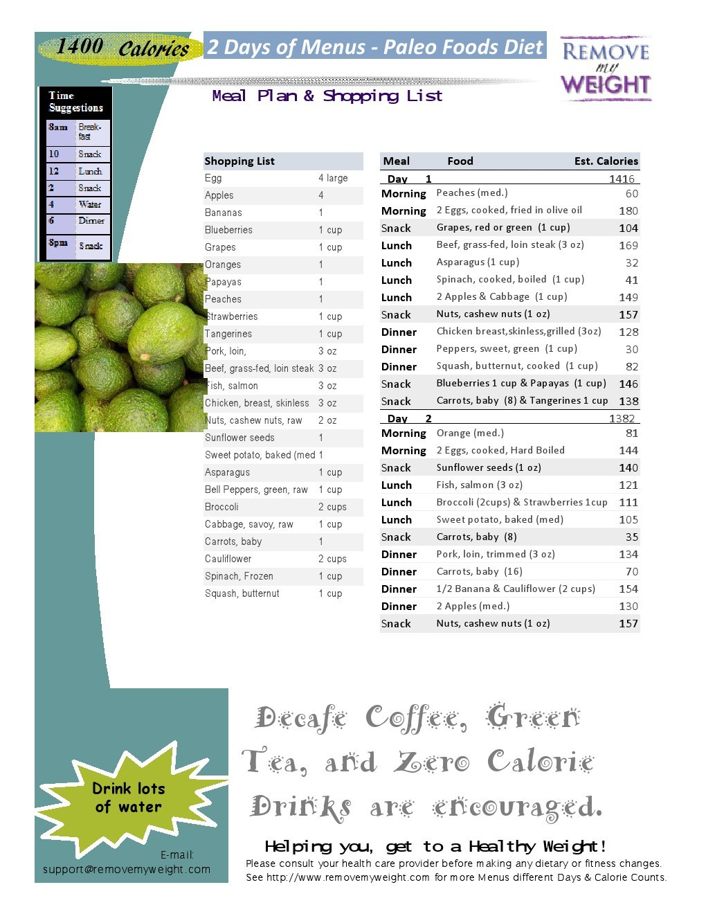 Printable 2 Day 1400 Calories A Day Paleo Diet Menu Plan 