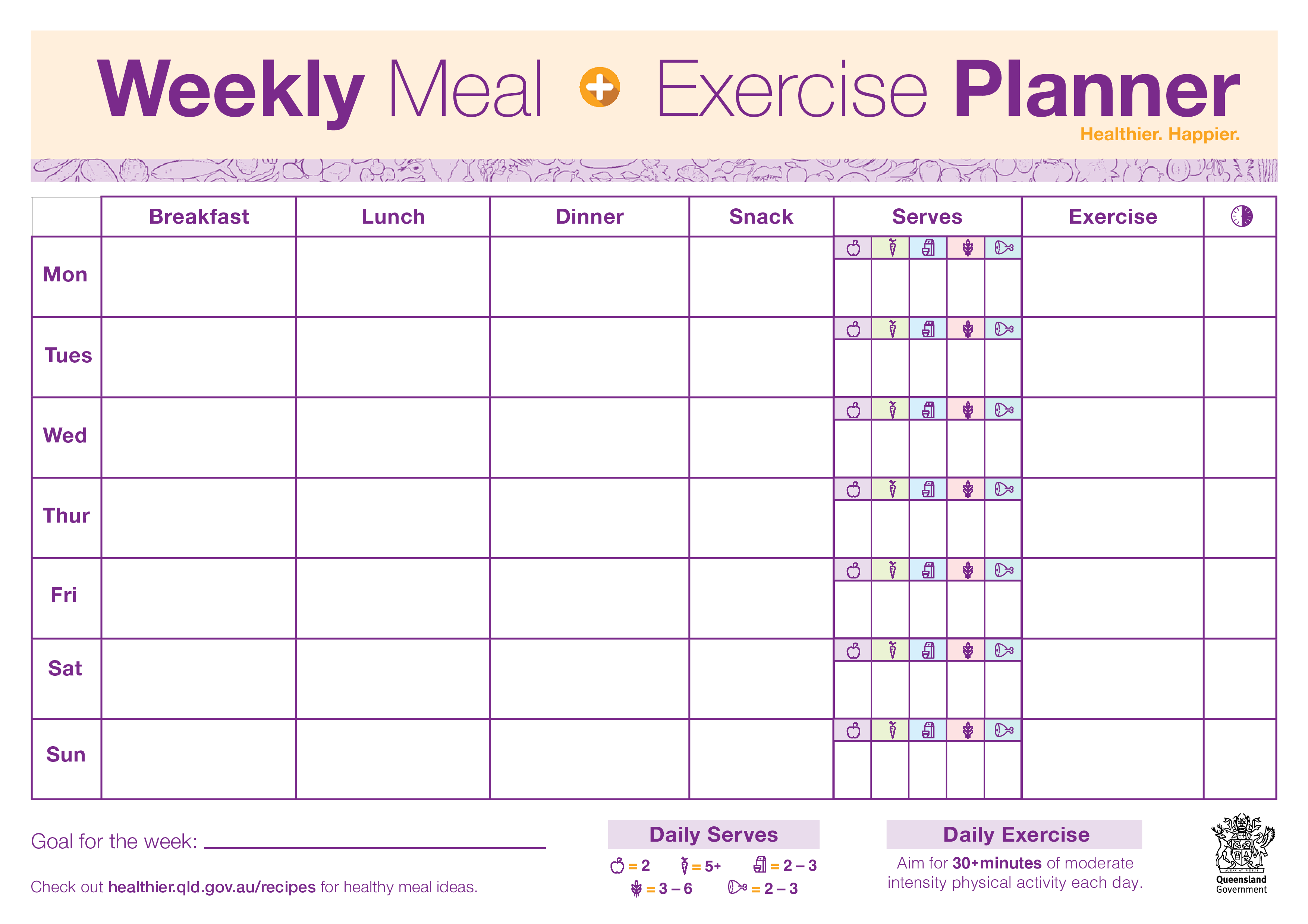 Weekly Meal Exercise Planner Templates At