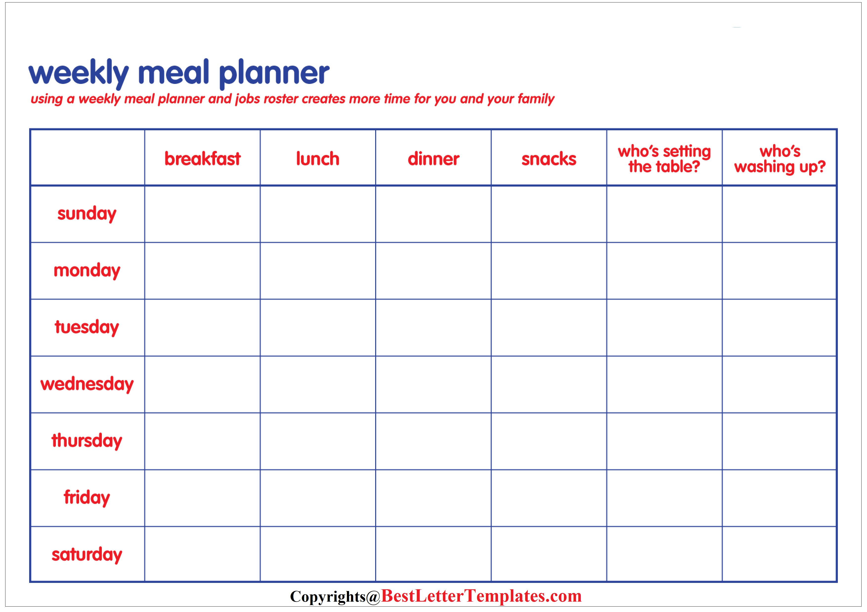 Weekly Meal Planner For A Family Of 4 Best Letter Templates