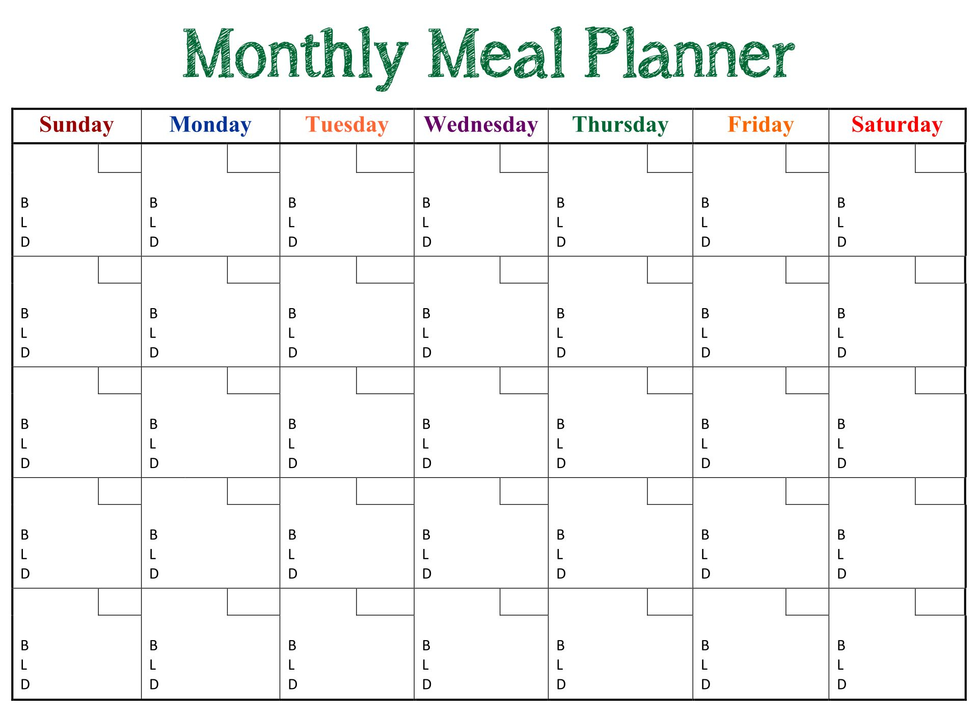 monthly food planner template