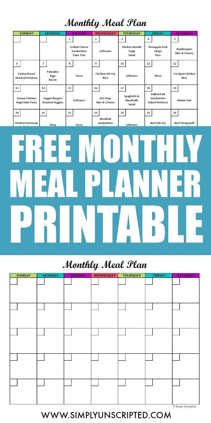 Free Monthly Meal Planner Printable Calendar Template For