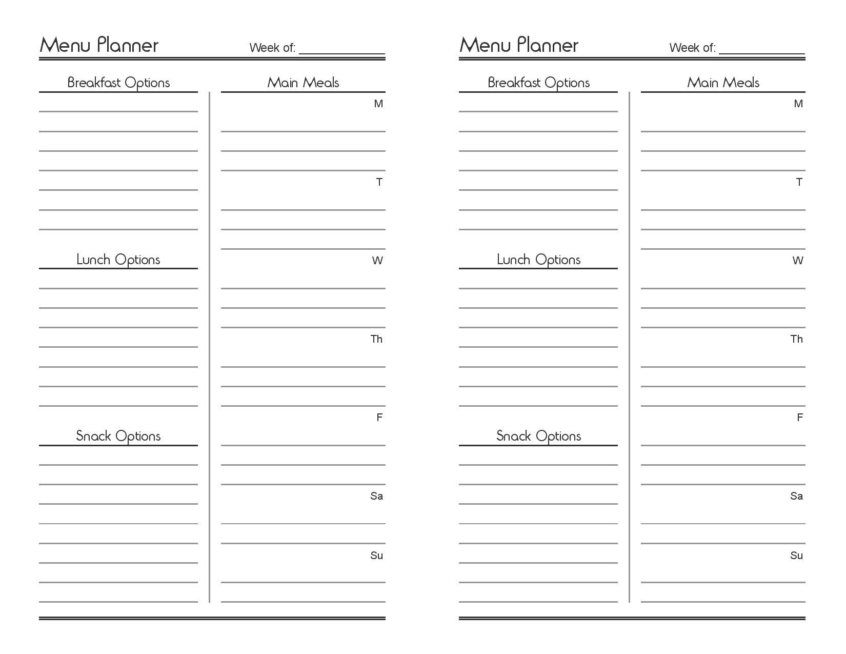 Free Printable Half Size Menu Planner Weekly Menu 