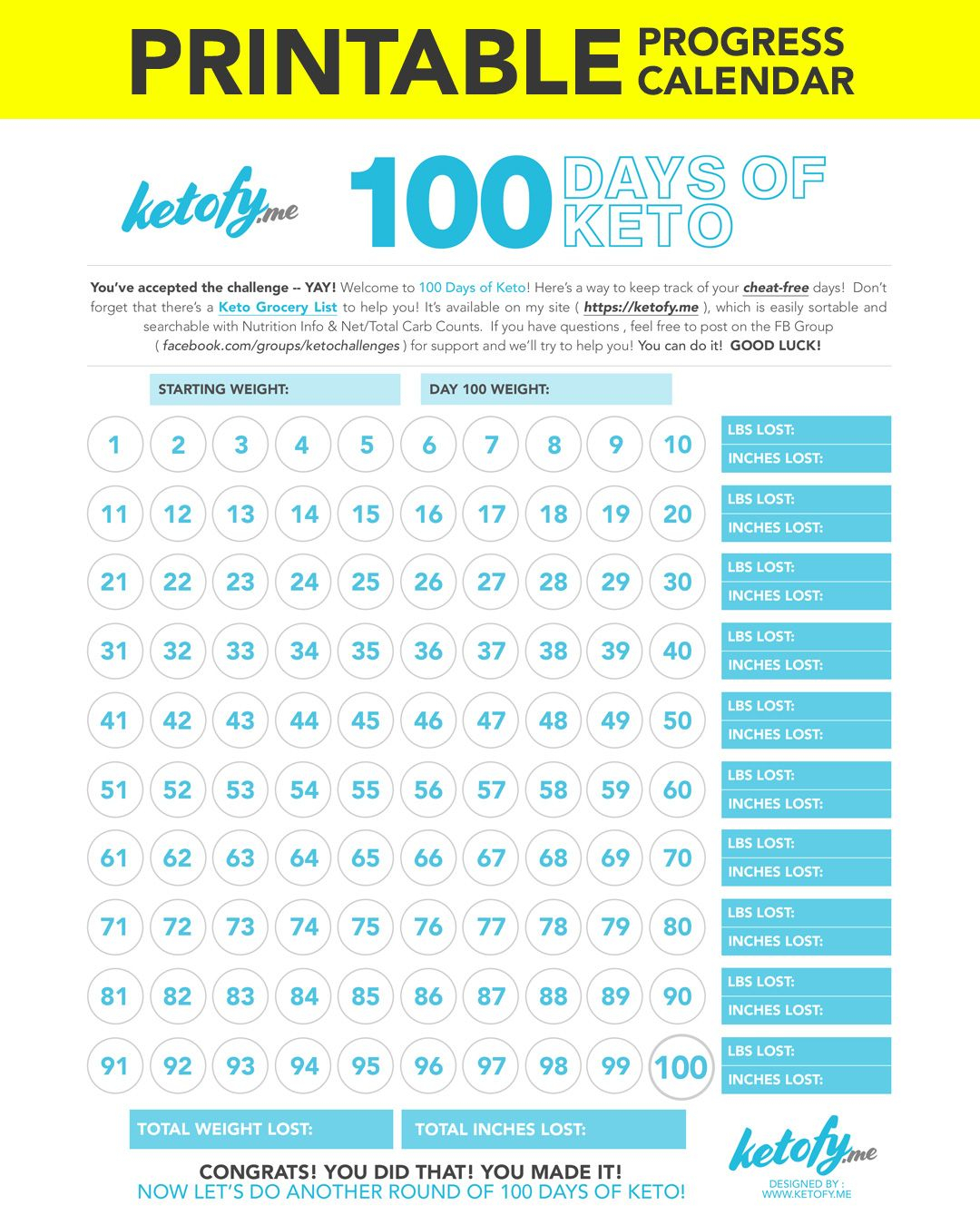 Ketofy me 100 Days Of Keto Print Printable Progress