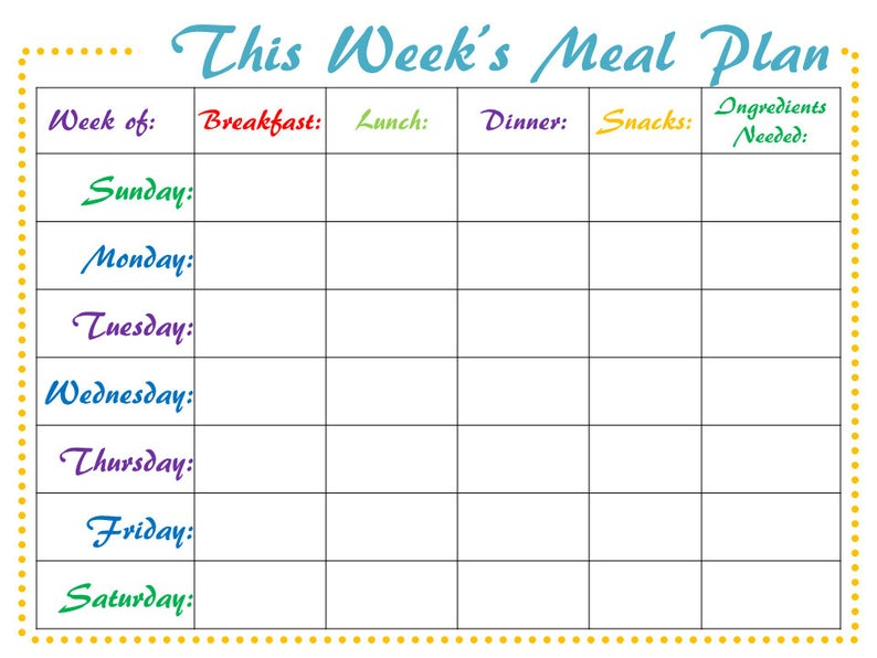 Meal Planner Digital Weekly PRINTABLE Meal Schedule PDF Etsy