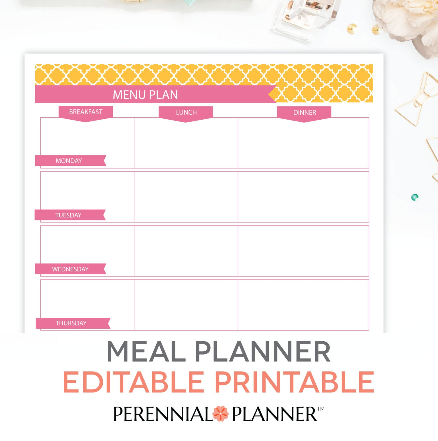Menu Plan Weekly Meal Planning Template Printable EDITABLE
