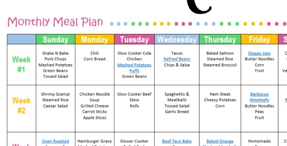 Monthly Meal Plan For Dinner Free Printable The