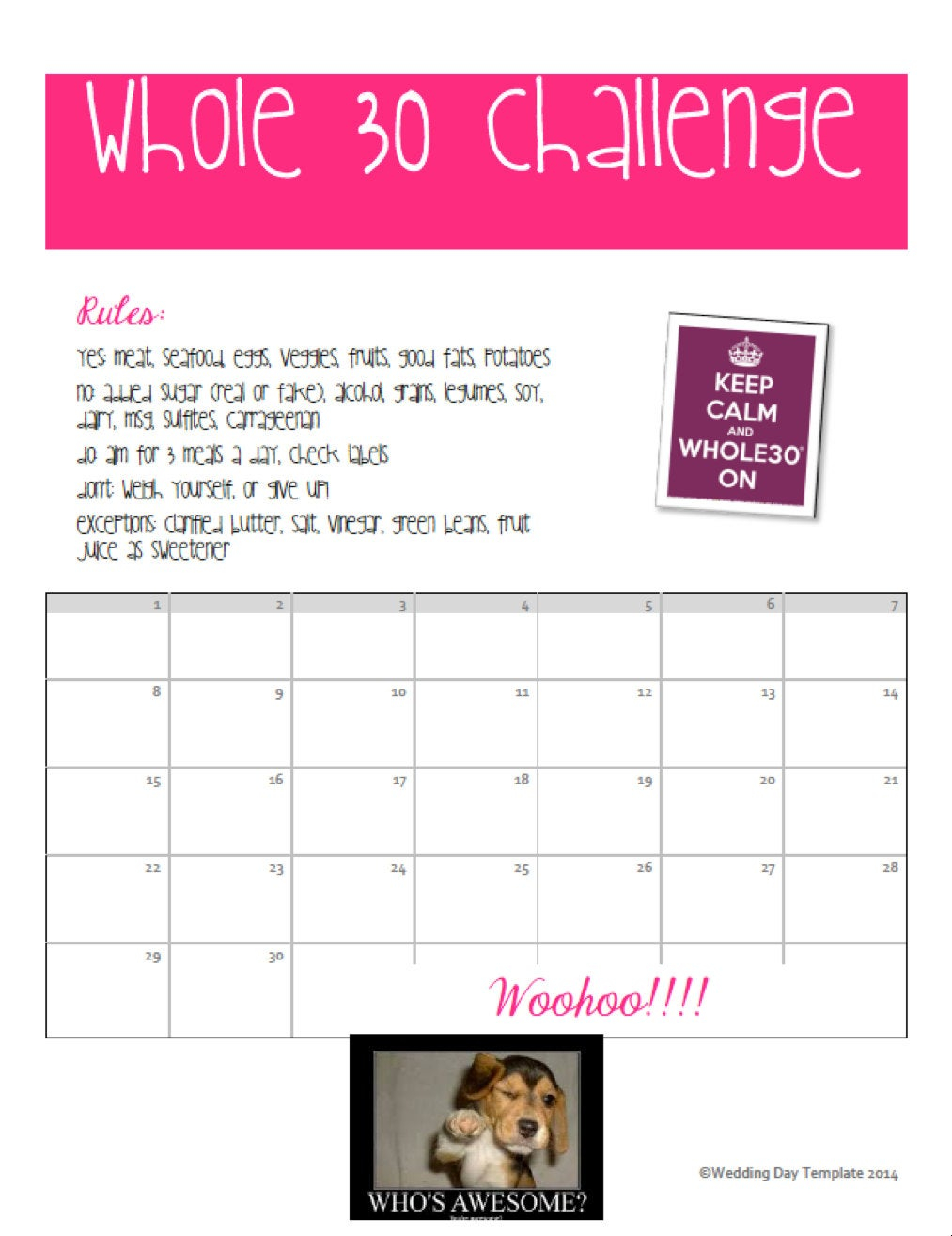 PRINTABLE Whole 30 Challenge Calendar By WeddingDayTemplate