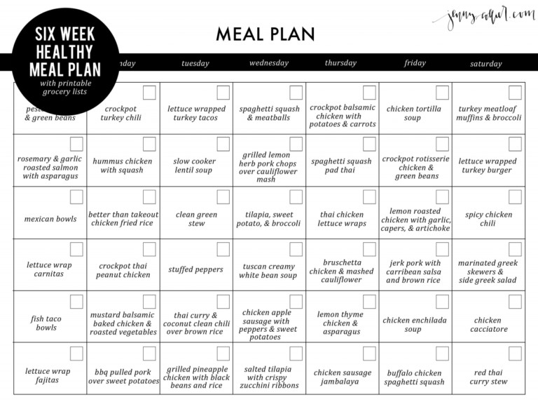 Six Week Healthy Meal Plan With Free Printable Grocery