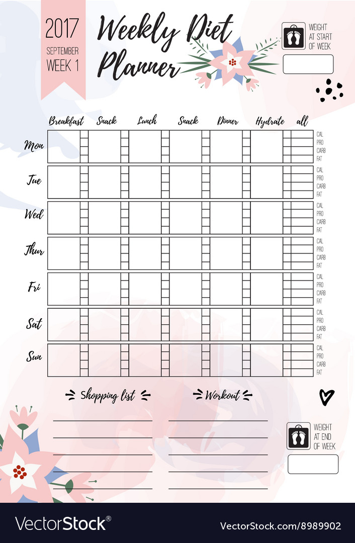Weekly Diet Planner Printable Page For Royalty Free Vector