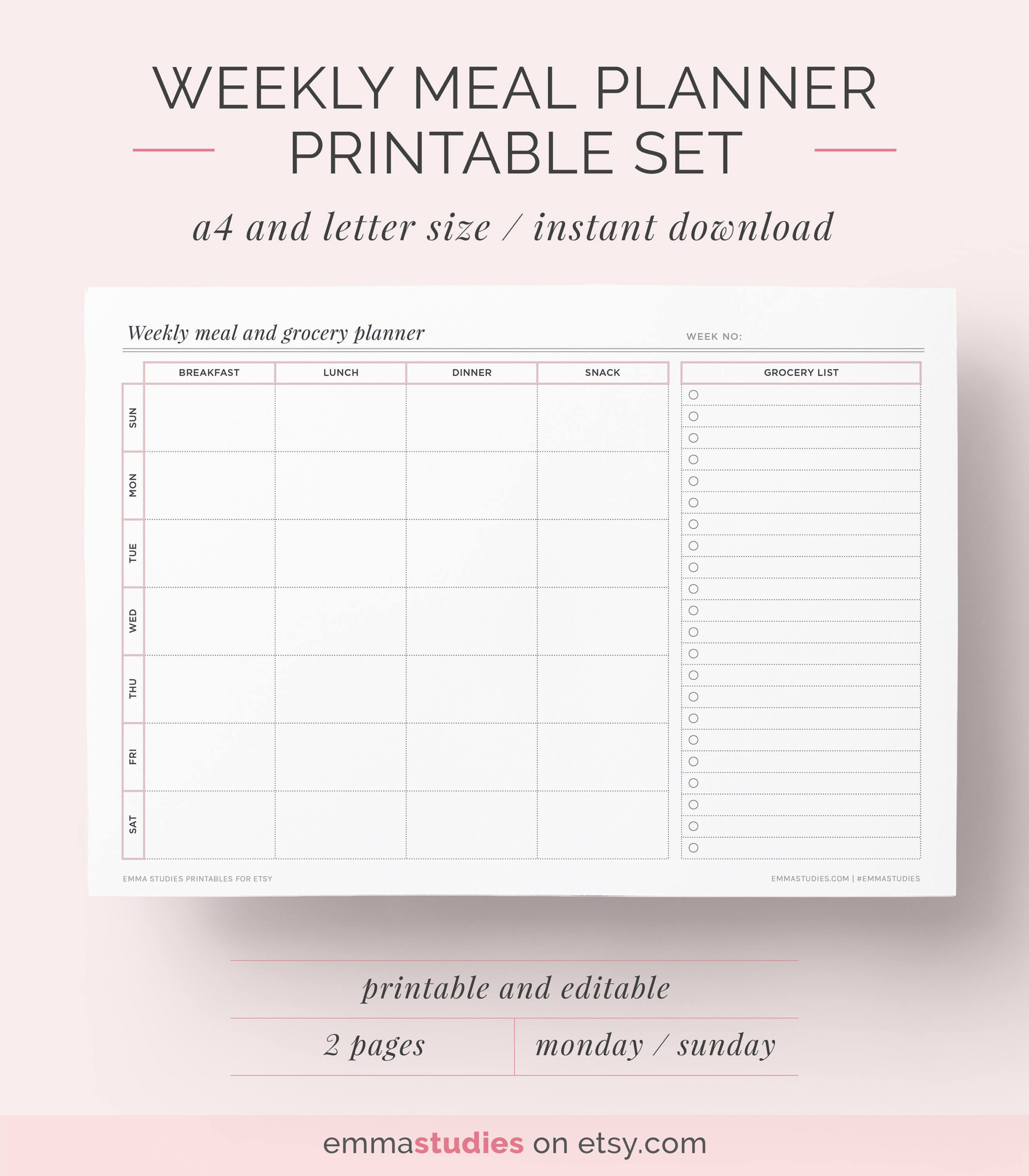 Weekly Meal Planner Printable Shopping Grocery Food List 