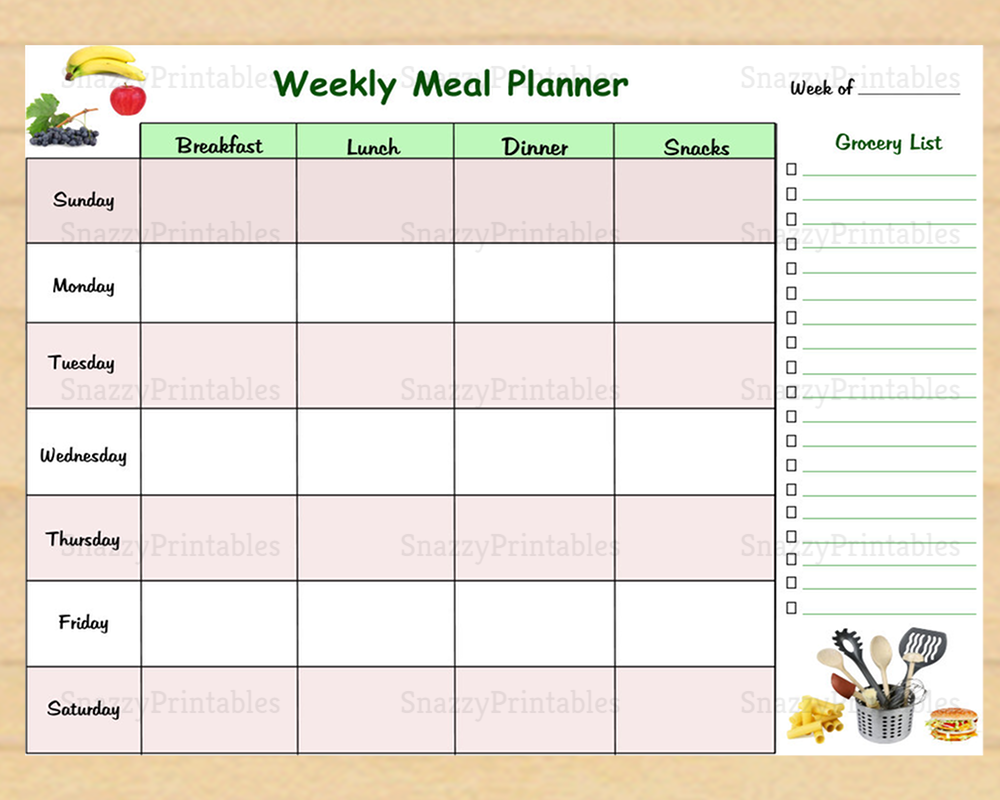 Weekly Meal Planner With Grocery List Instant Download 