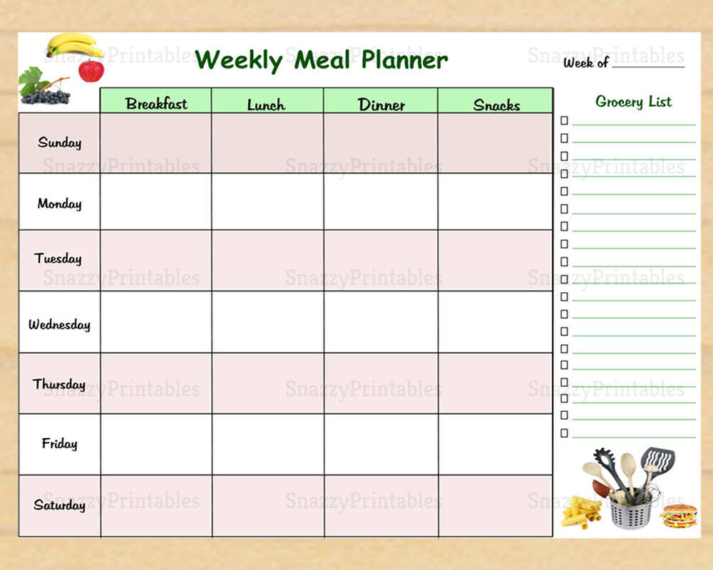 Weekly Meal Planner With Grocery List Instant Download