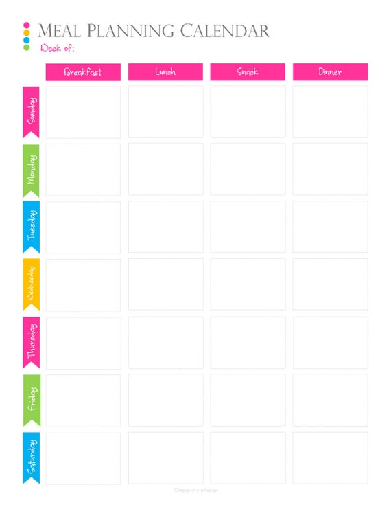 Weekly Meal Planning Calendar PDF Planner For Meal Or Menu 