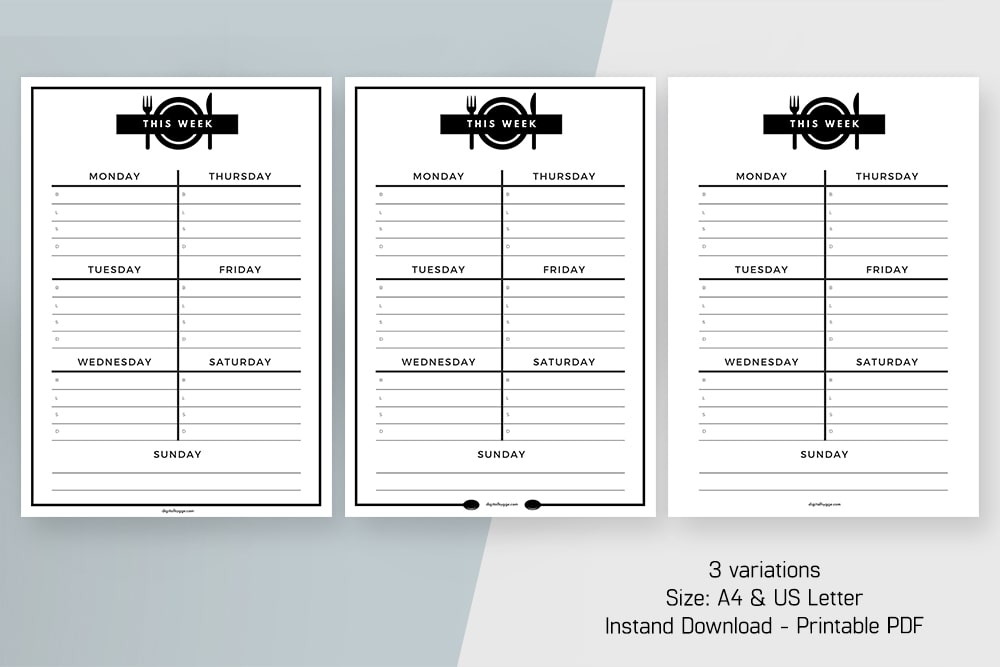 Black and White Weekly Menu Planner Printable PDF 
