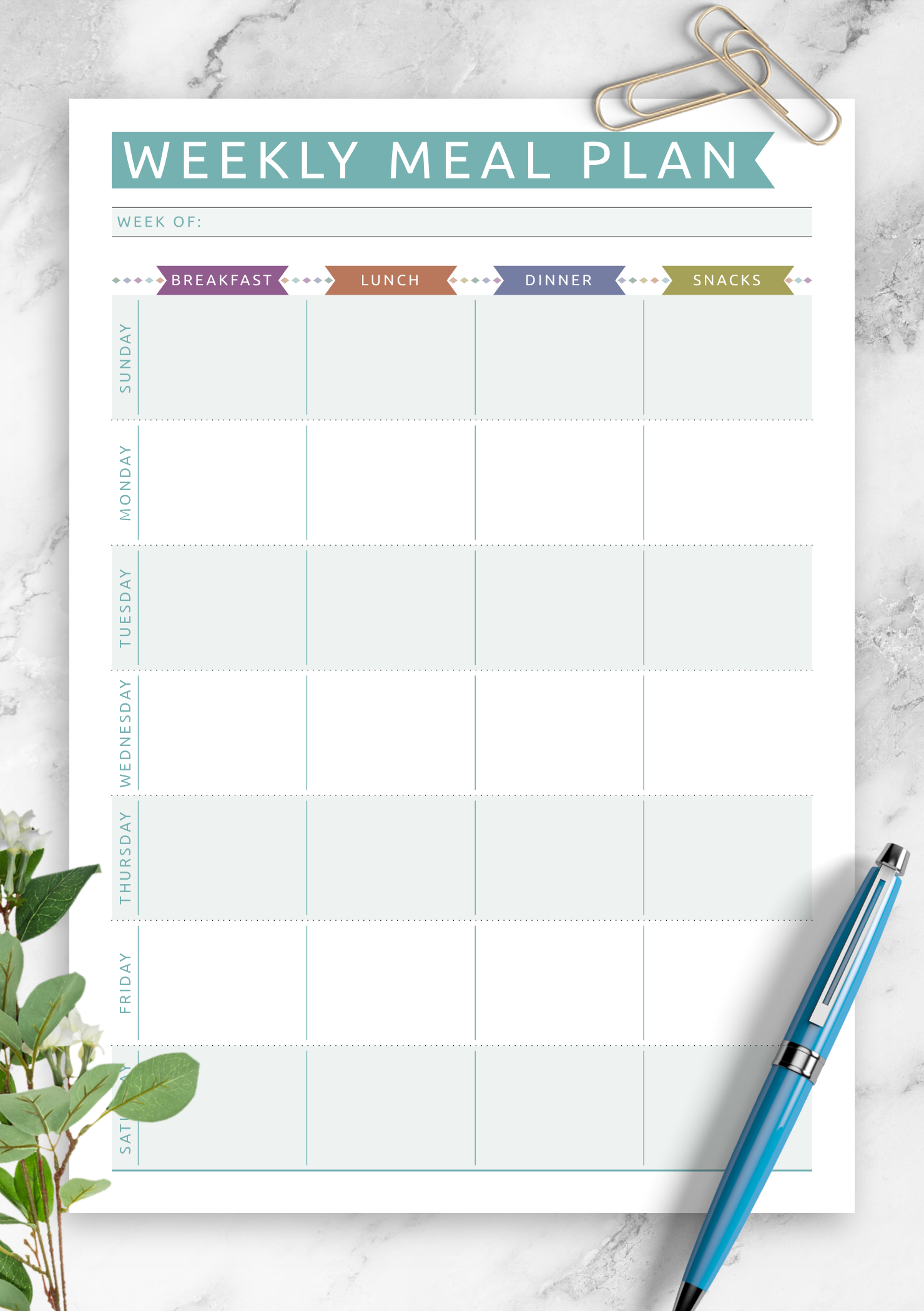 Download Printable Weekly Meal Plan Casual Style PDF