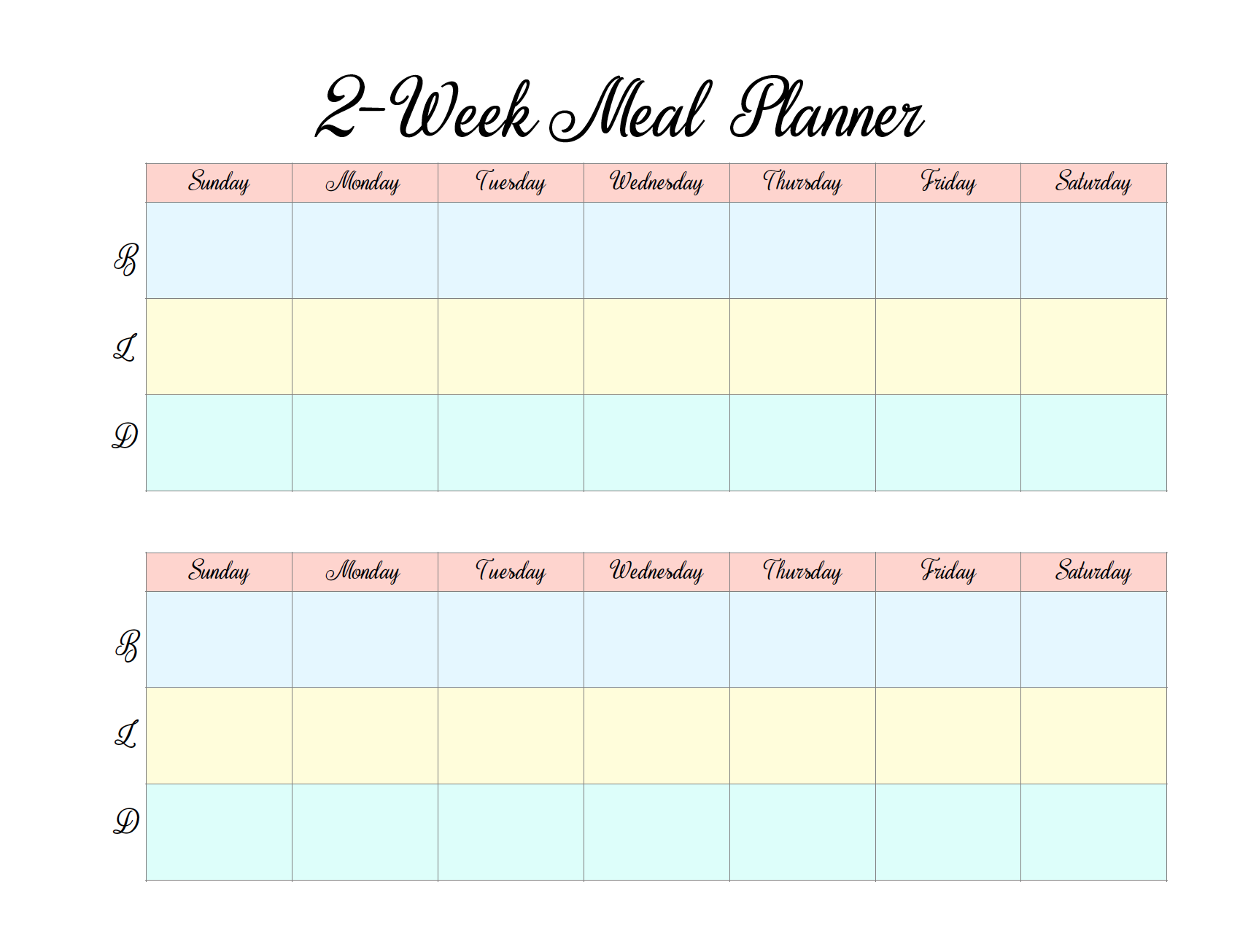 Free Printable 2 week Meal Planners 4 Designs