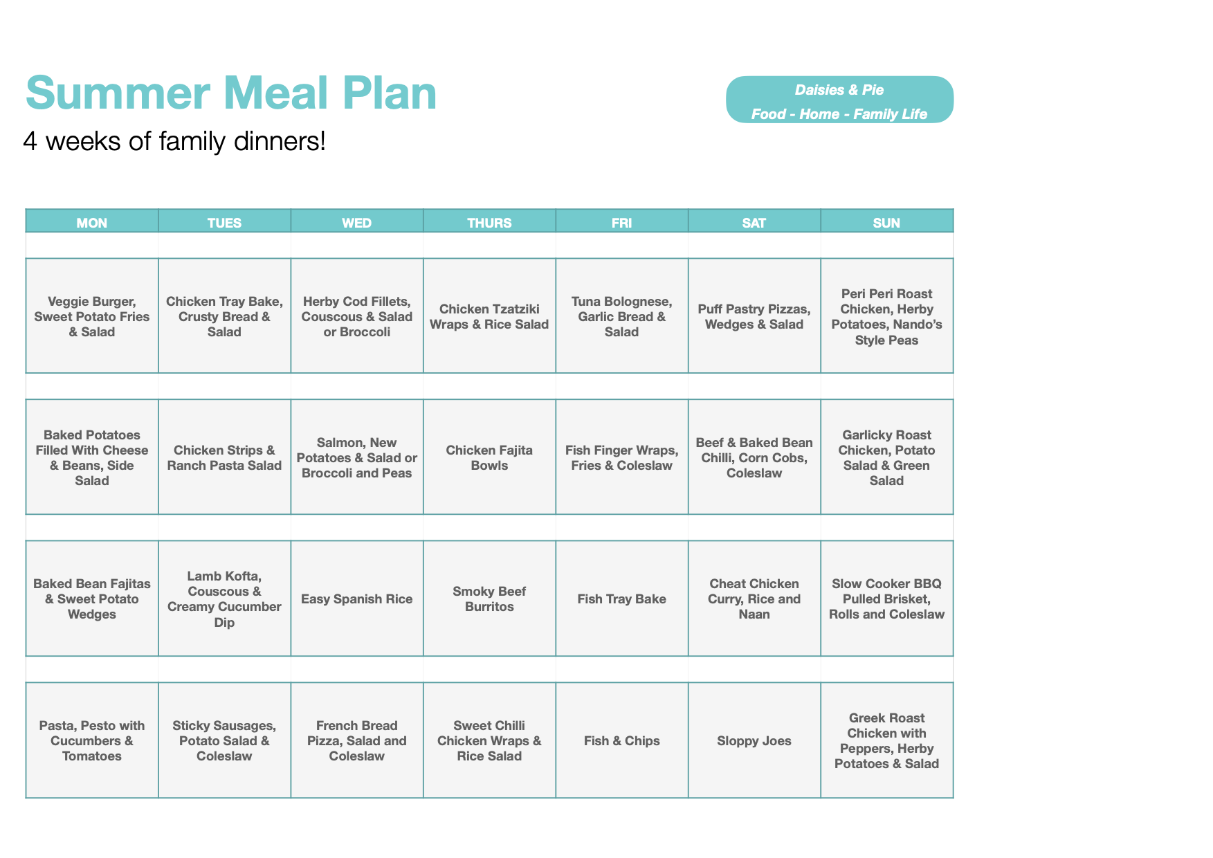 Free Printable 4 Week Meal Plan For Summer Meal Planning 