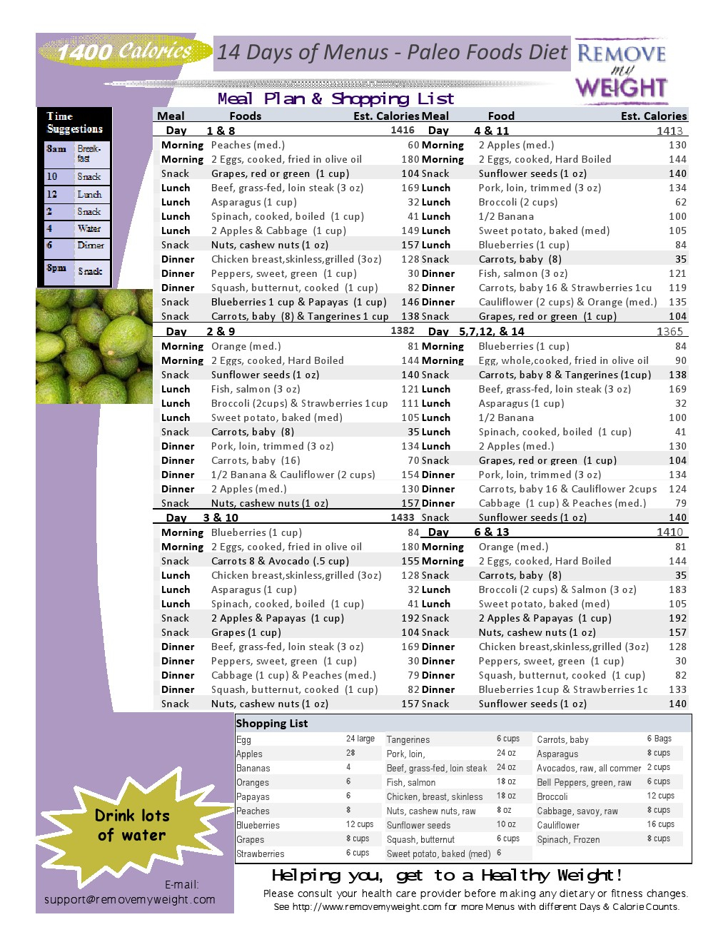 Printable 14 Day 1400 Calories A Day Paleo Diet Menu 