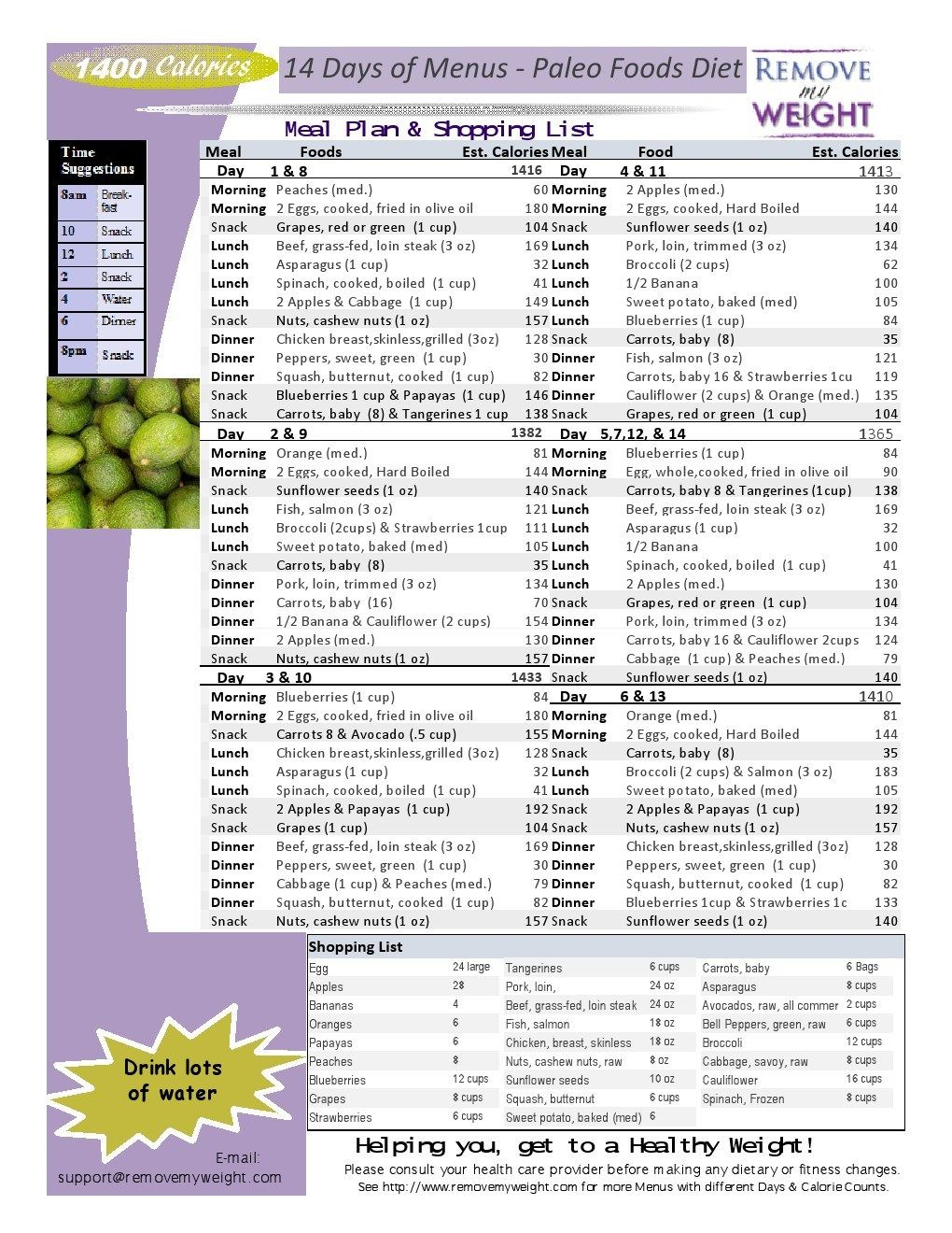 Printable 14 Day 1400 Calories A Day Paleo Diet Paleo 