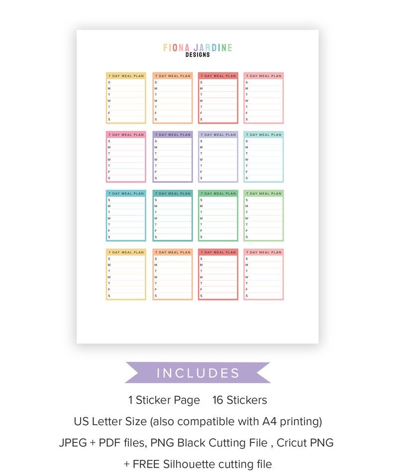 Weekly Meal Planner Printable Stickers 7 Day Menu 