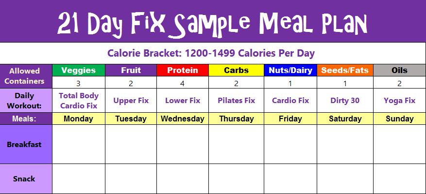 21 Day Fix Meal Plan Sample Menus For 1200 1499 1500 