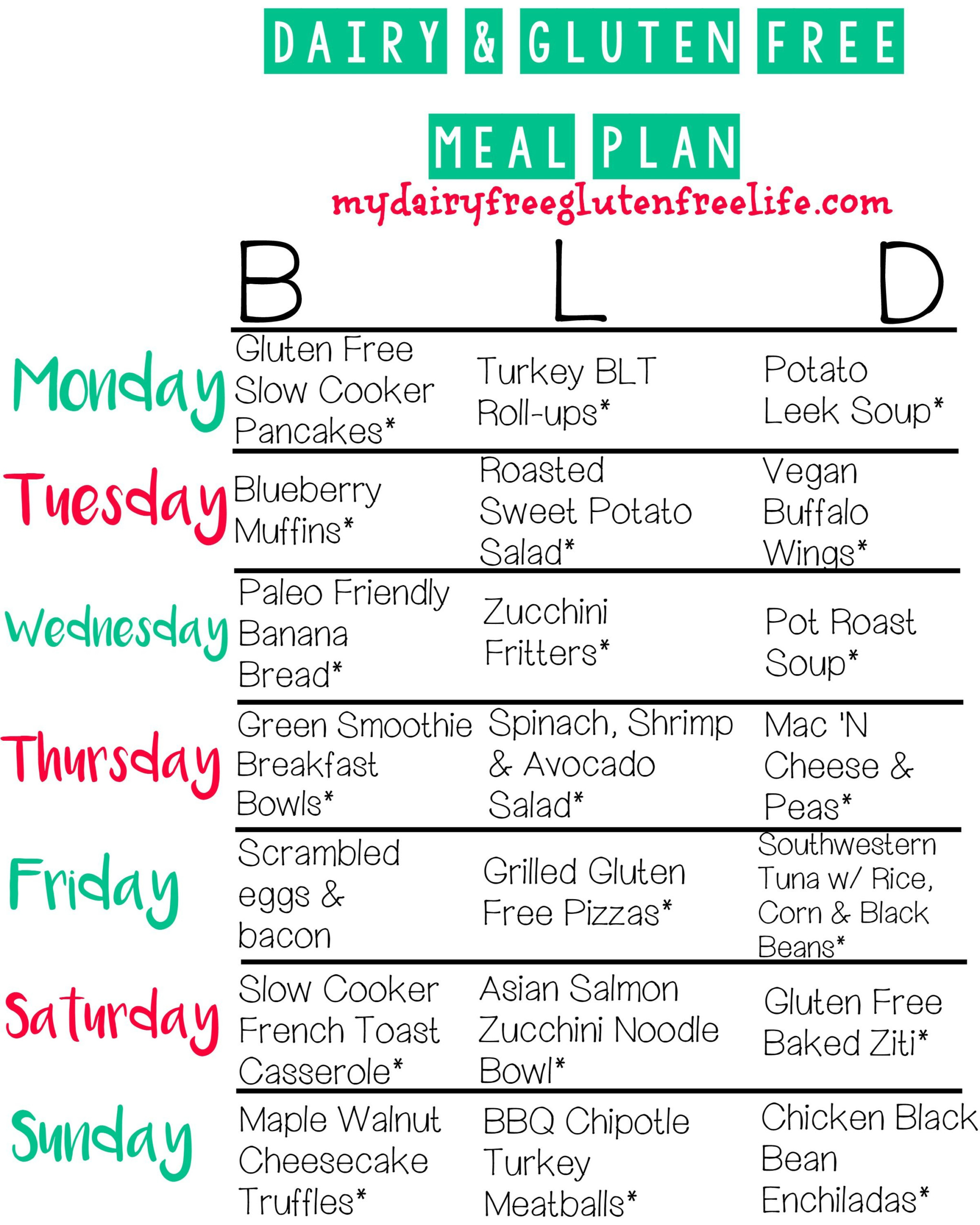 7 Day Printable Dairy Gluten Free Meal Plan Gluten 