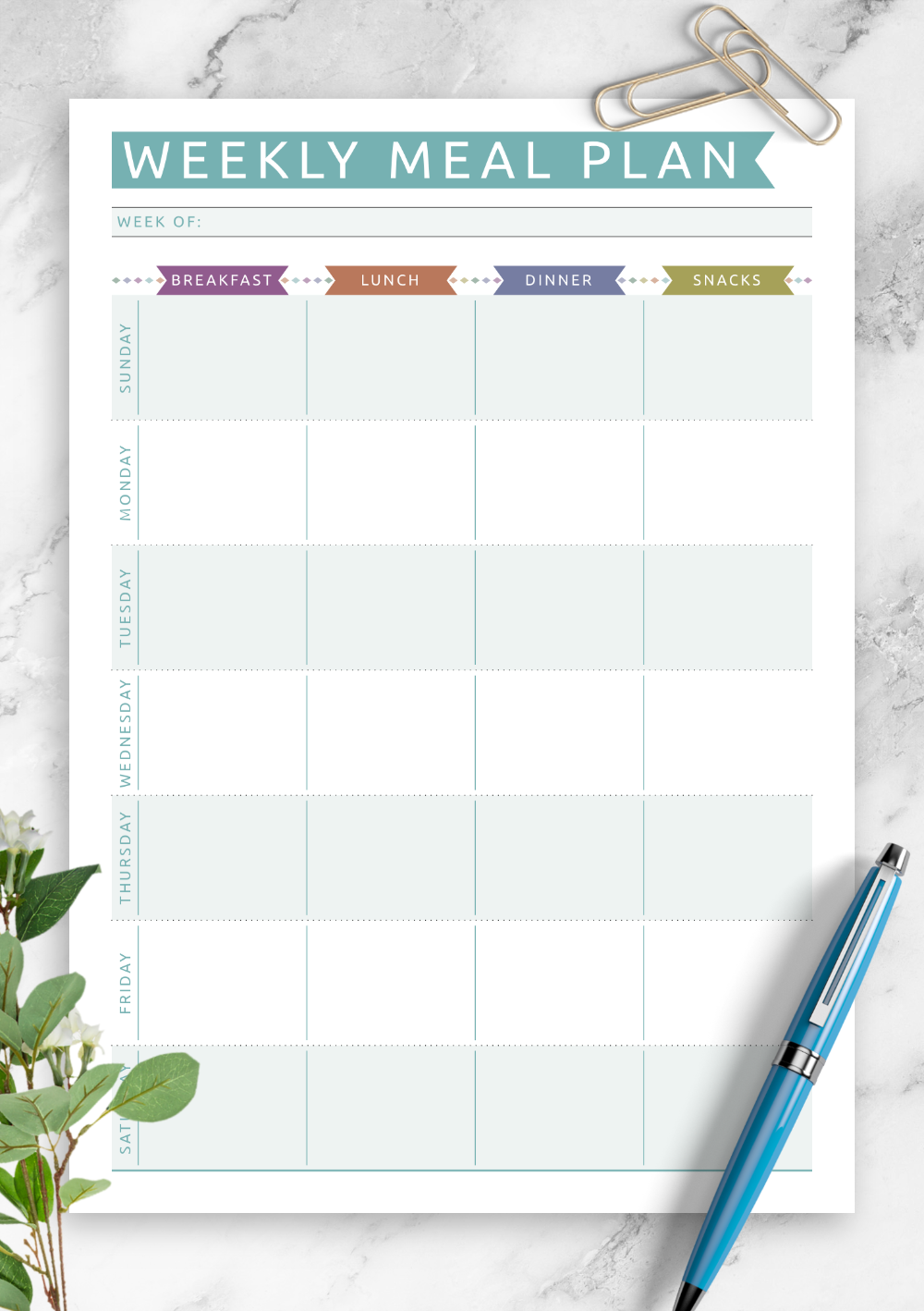 Download Printable Weekly Meal Plan Casual Style PDF In