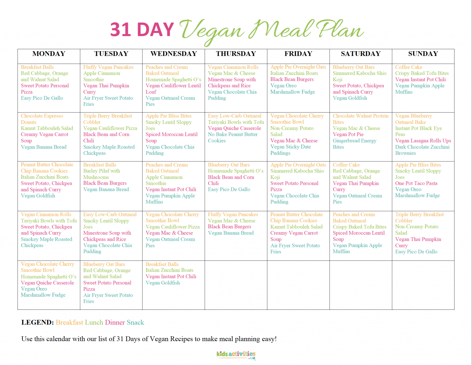 Free Printable Vegan Meal Plan Calendar