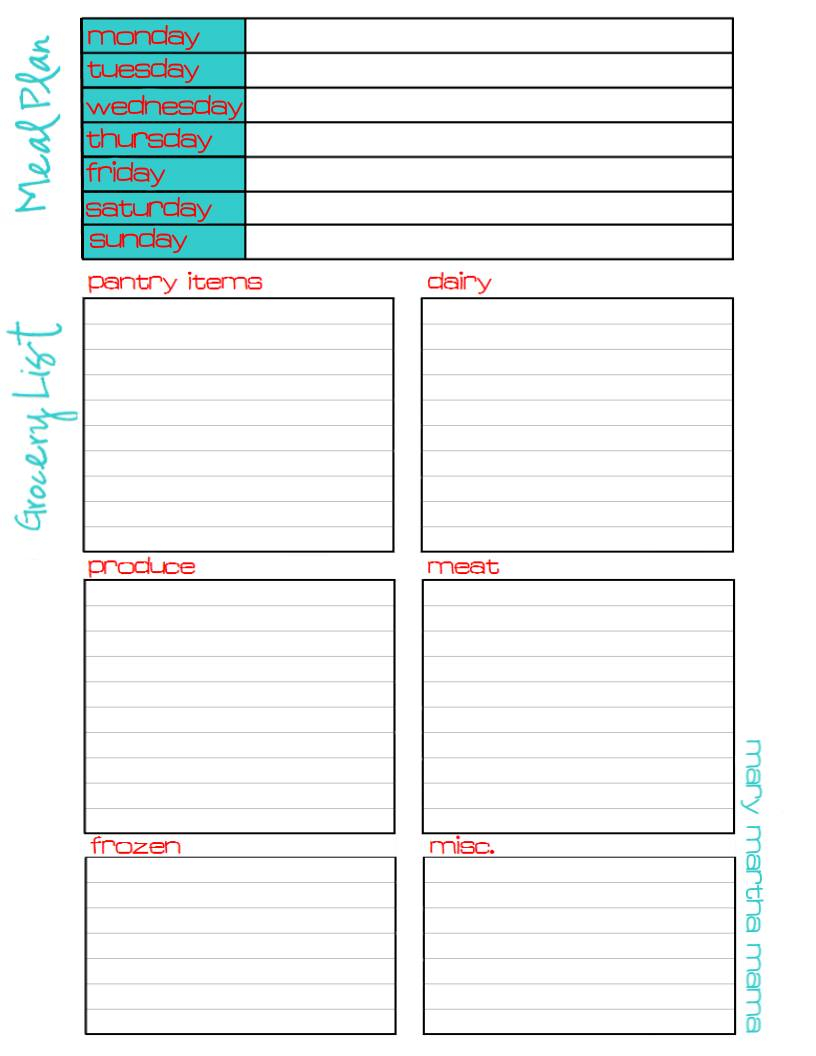 Meal Plan Grocery List Printable