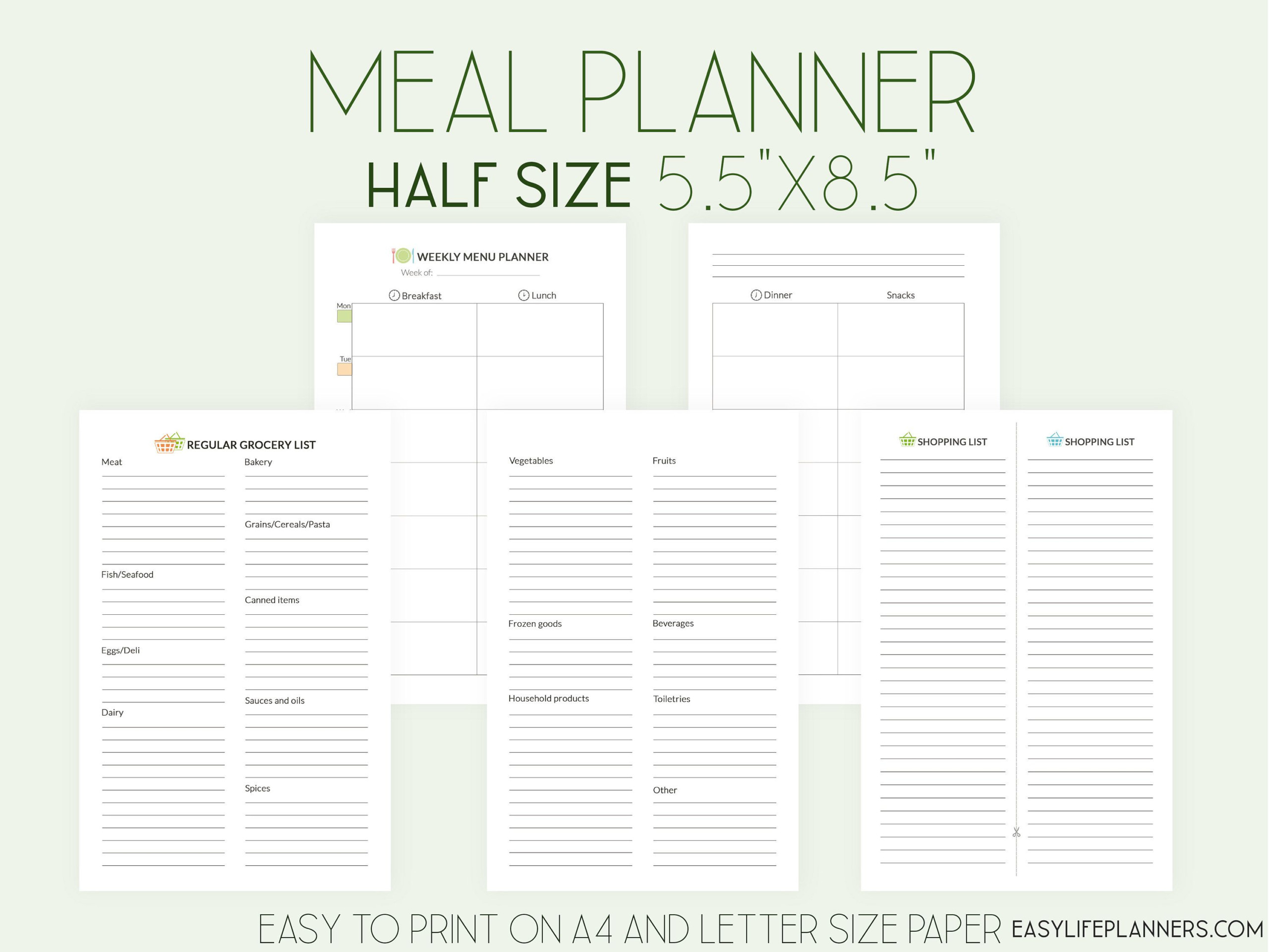 Meal Planner Printable Weekly Meal Plan Half Size Planner 