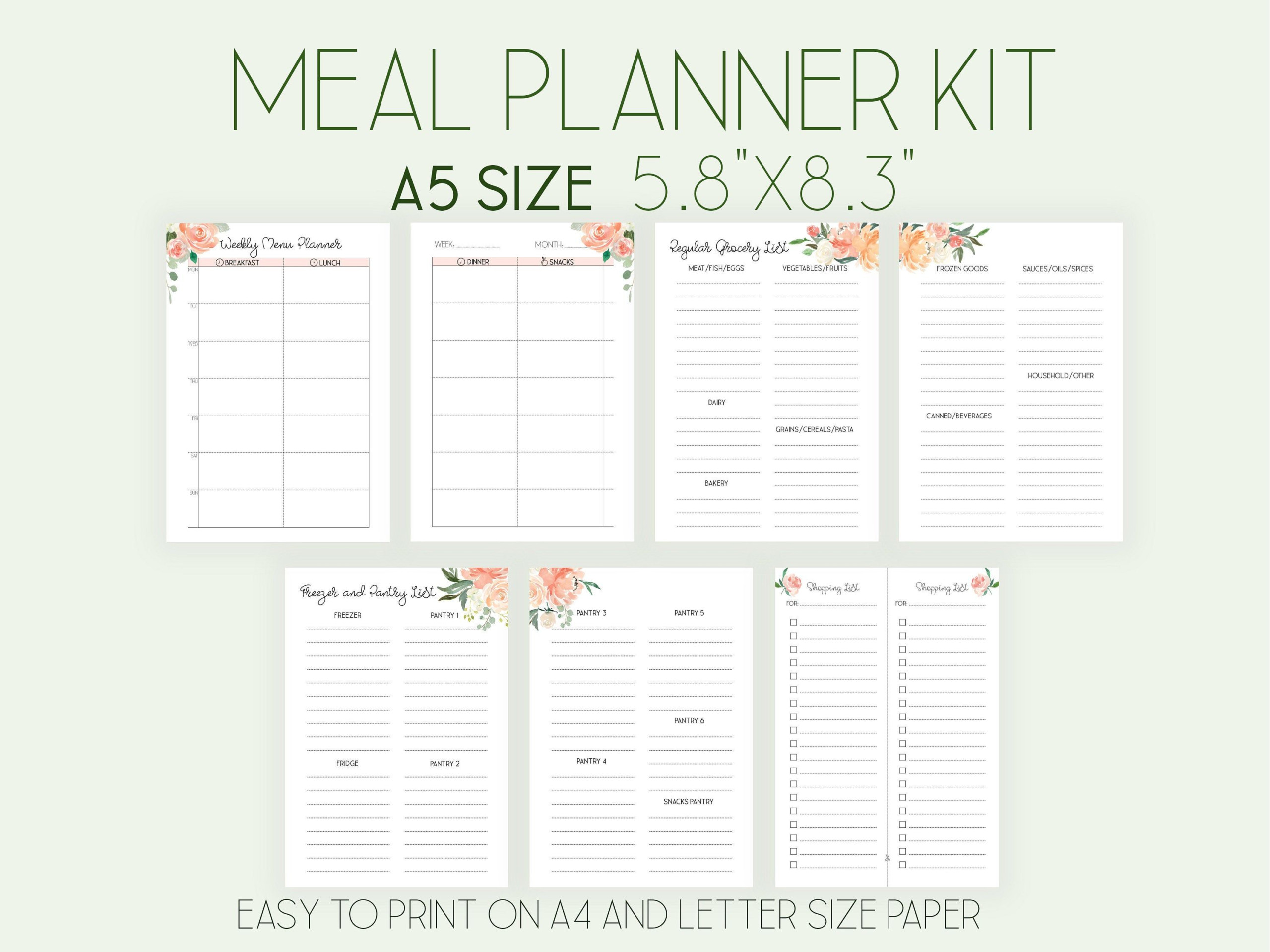 Menu Planner A5 Planner Inserts Weekly Meal Plan Printable 