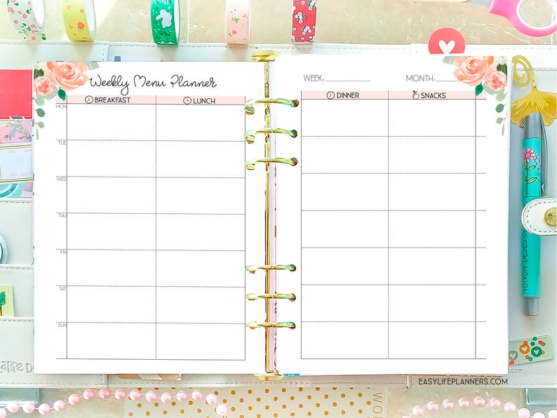 Menu Planner A5 Planner Inserts Weekly Meal Plan Printable 