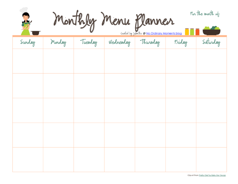 Monthly Meal Menu Planner Pdf Format Template 0a