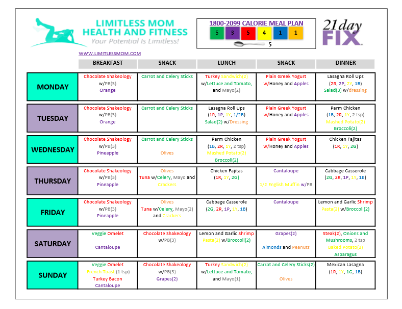 21 Day Fix 1800 Calorie Meal Plan Week 1 Check Out My 