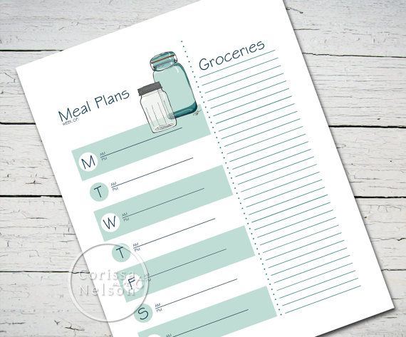 Blue Mason Jar Weekly Meal Planner Instant Printable 