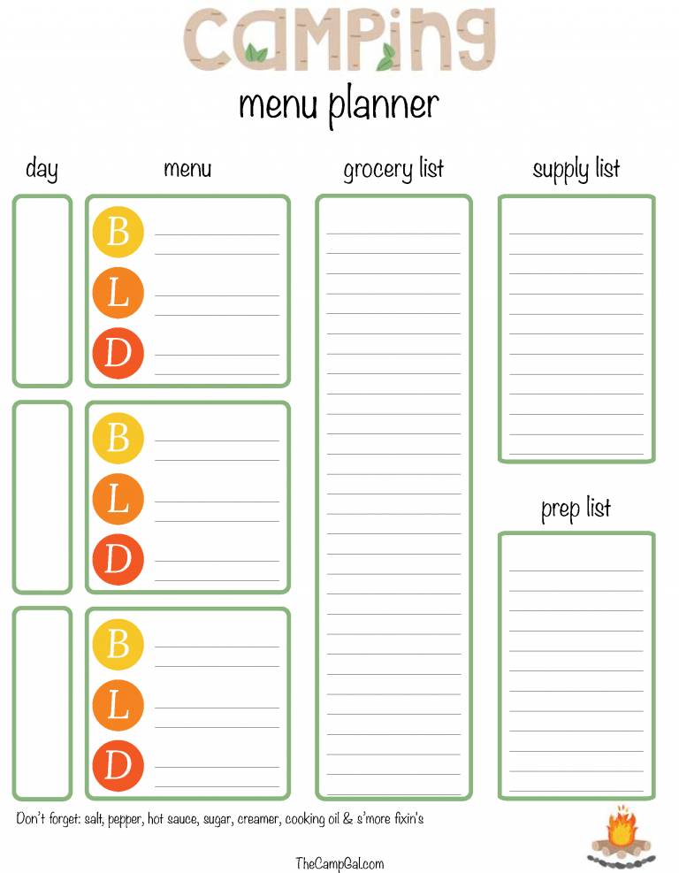 Camping Meal Plan Templates At Allbusinesstemplates