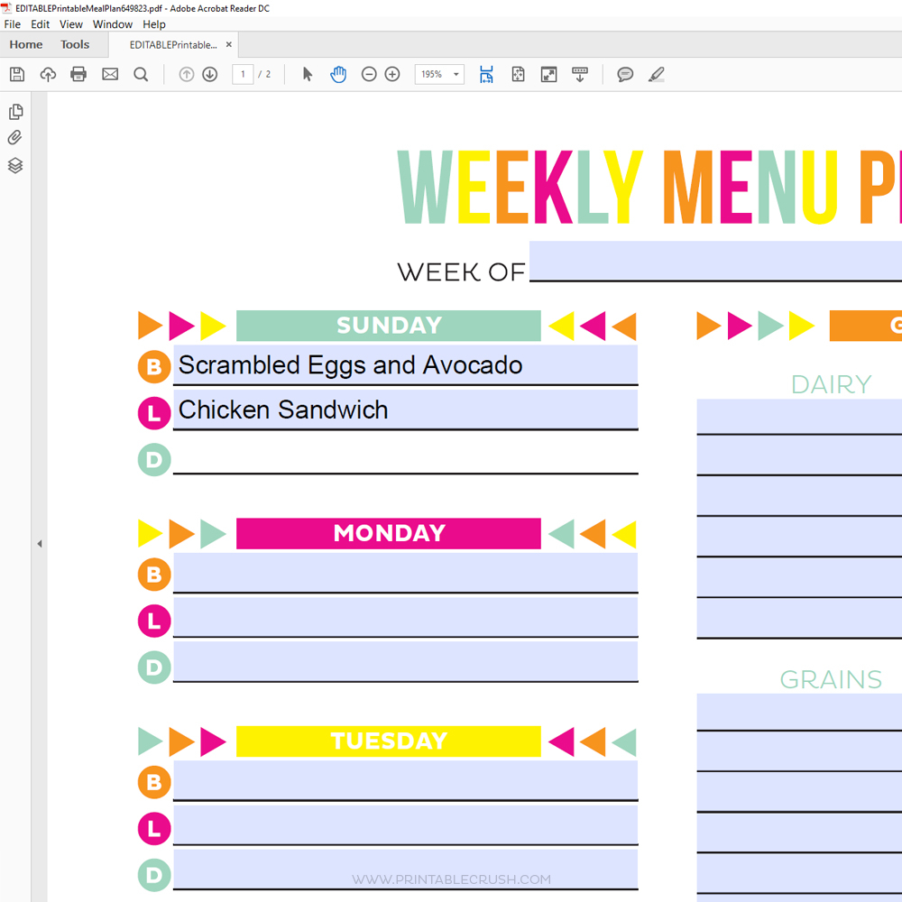 Editable Meal Plan Printable Printable Crush