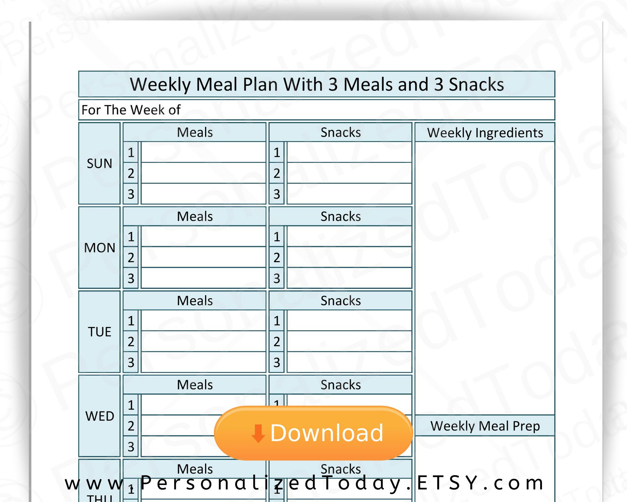 Food Log Journal 3 Meals And 3 Snacks Per Day PDF Digital 