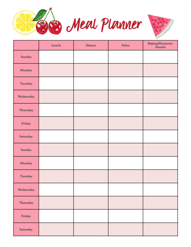 Free Printable 2 week Meal Planners 4 Designs