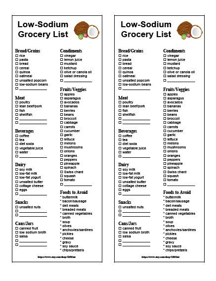 Low Sodium Grocery List Printable Instant Download 2020 