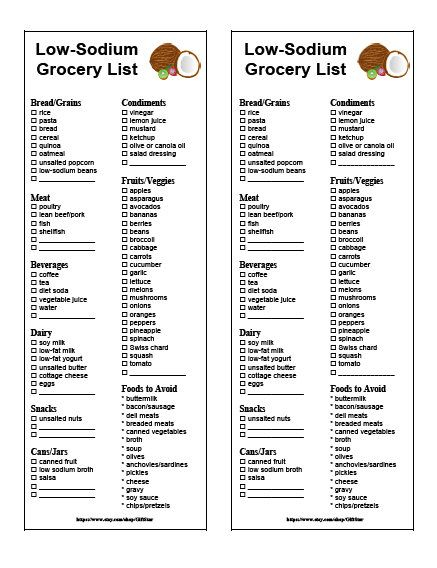 Low Sodium Grocery List Printable Instant Download 2020 