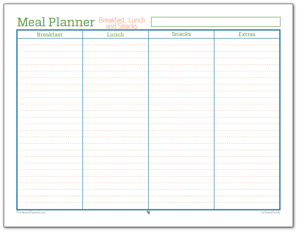 Meal Planner Breakfast Lunch And Snacks Scattered Squirrel