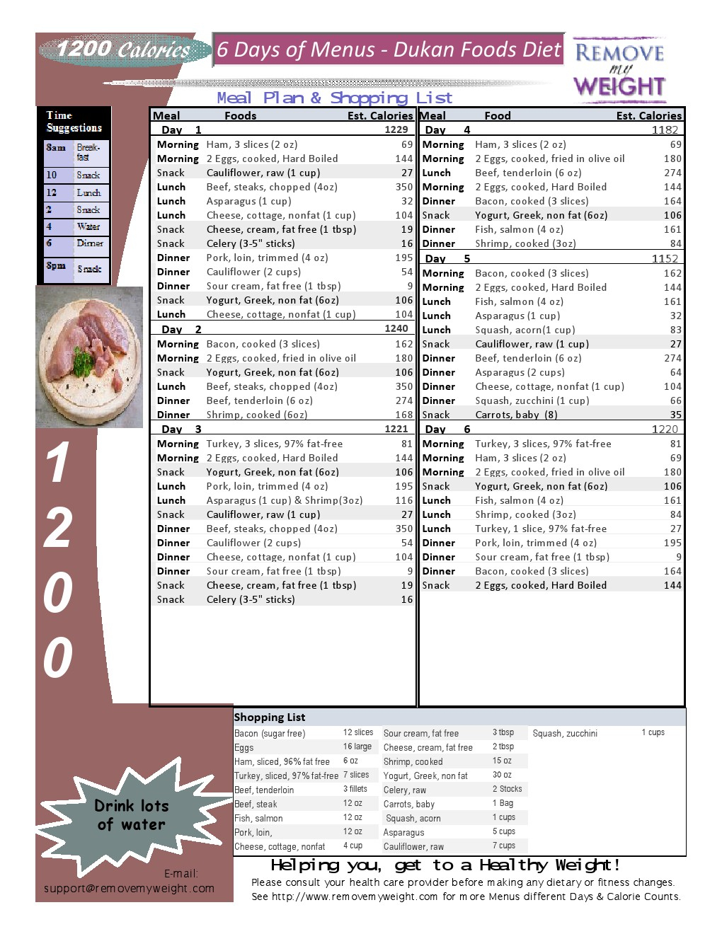 Printable 1200 Calorie Dukan Diet For Weight Loss With 
