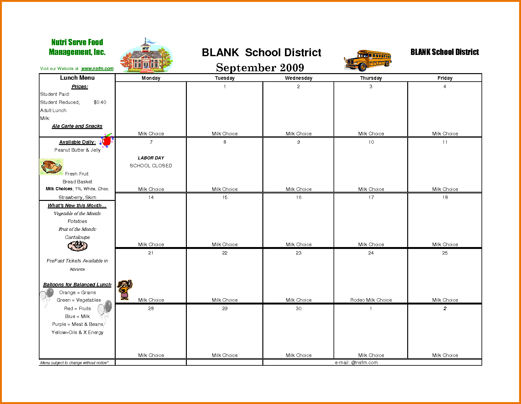 Template For School Lunch Menu Printable Schedule Template