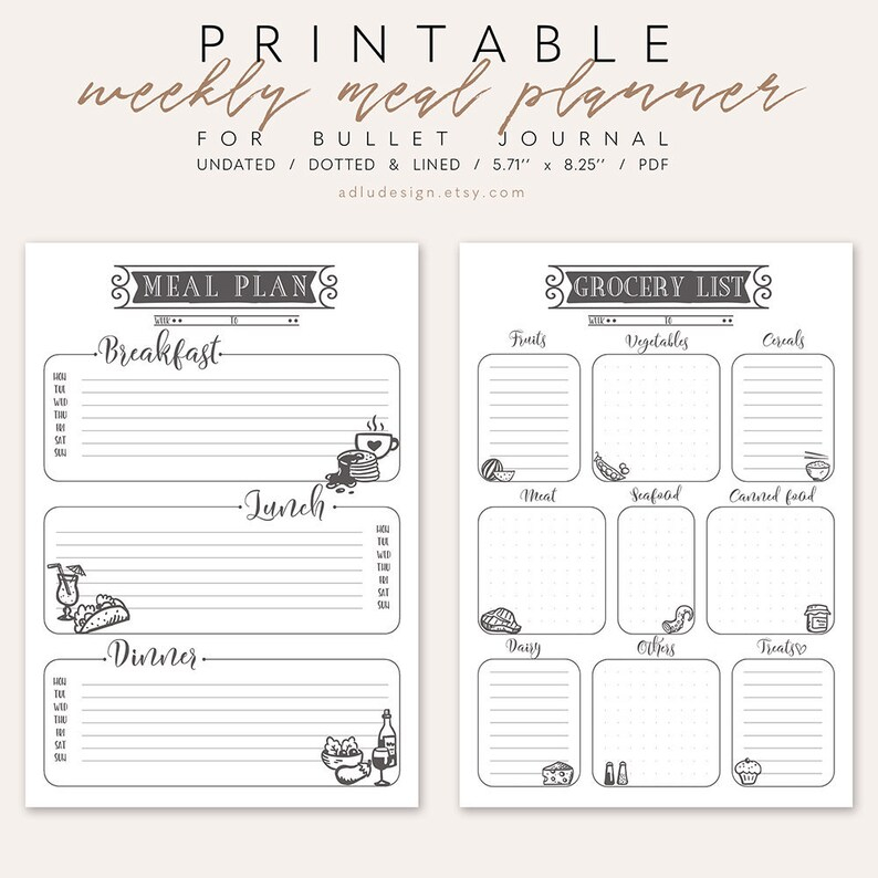 Weekly Meal Plan Printable Grocery List Bujo Meal Plan Etsy