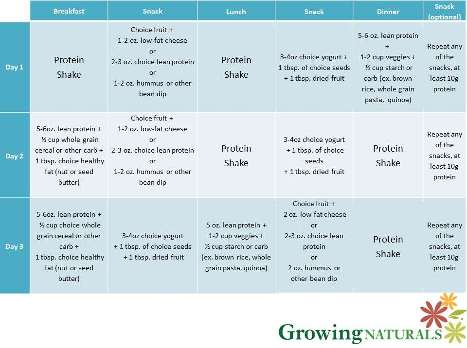 Sample 3 Day Eating Plan With GN Protein Shakes Growing 