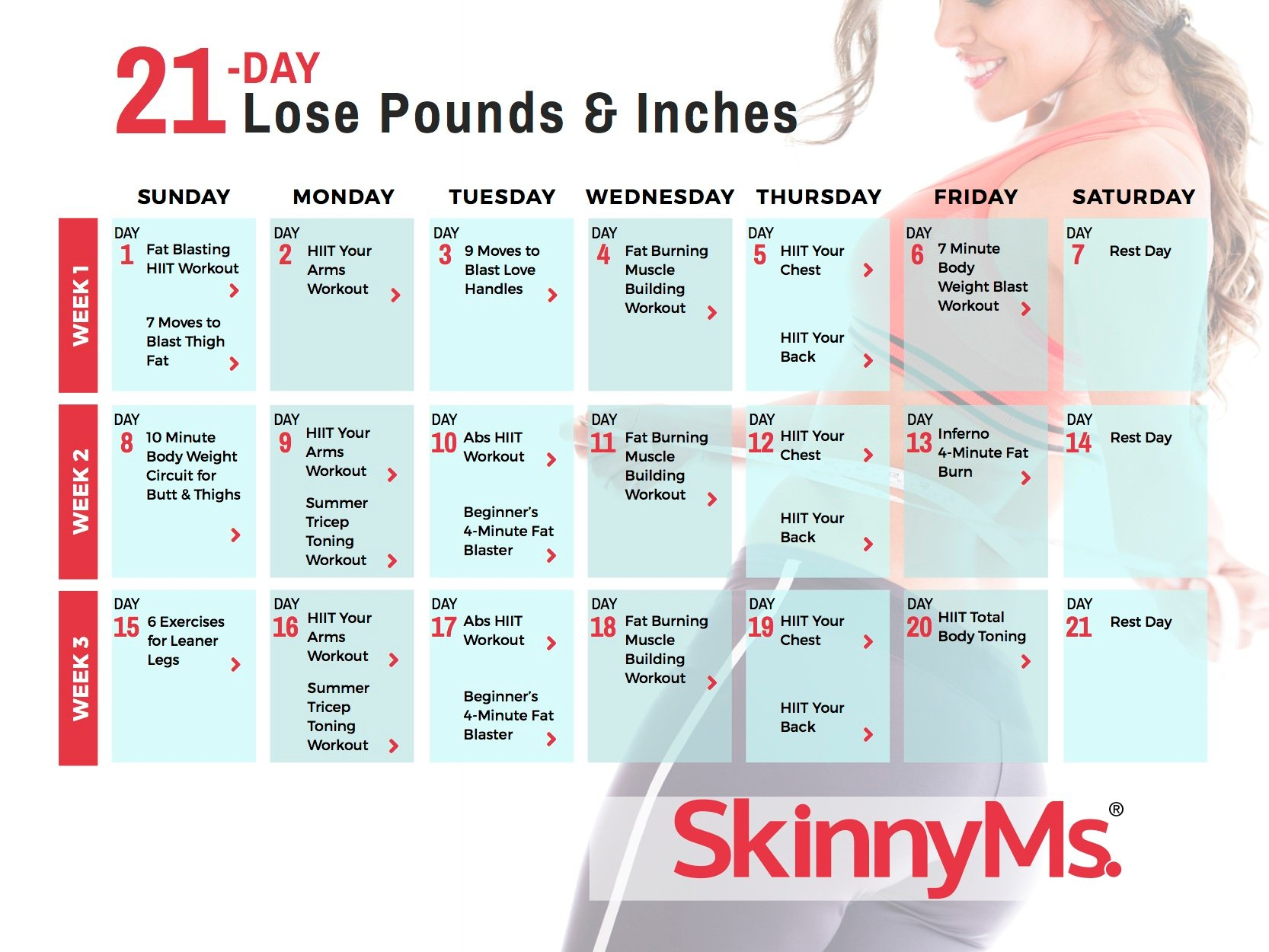 21 Day Lose Pounds Inches Calendar